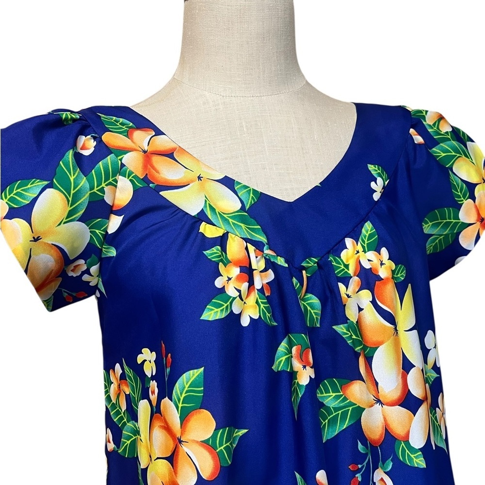 Vintage 12 Made In Hawaii Vibrant Blue Floral Hibiscus Maxi Dress Resortwear - Picture 3 of 8